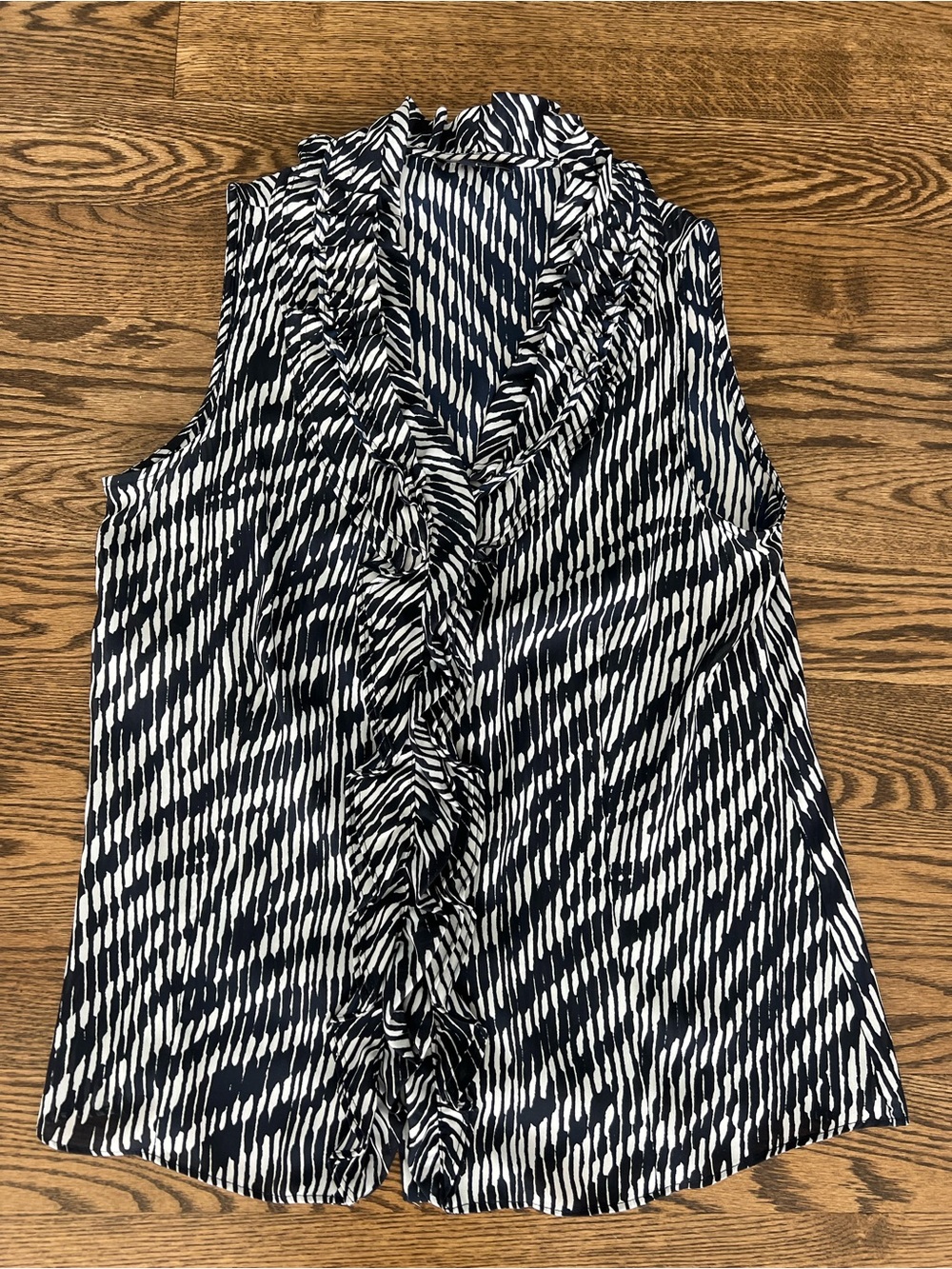 Anne Klein Navy and White Ruffle-Front Sleeveless Blouse